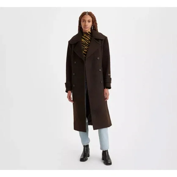 NWT Levi’s Brown Wool Blend Wooly Trench Belted Oversized Coat Peacoat XS​
